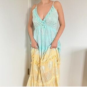 Boho Mint & Yellow Ombre Maxi Dress - Metallic Print, Tassels, Smocked Bodice